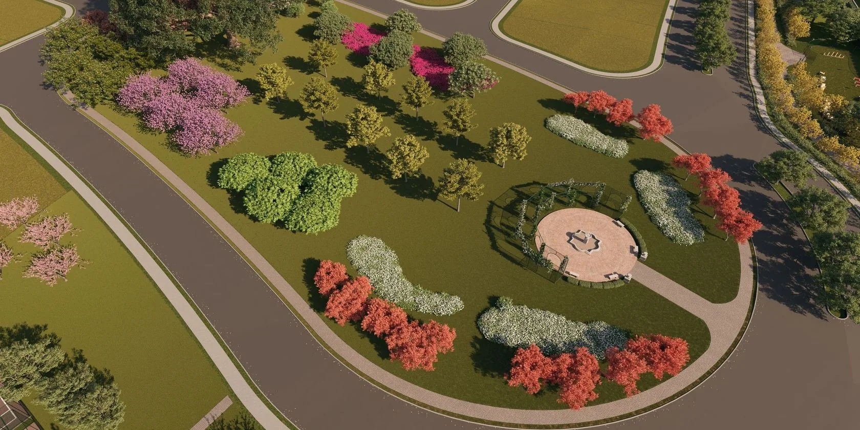Vista aérea do parque central, com a figueira no meio dos canteiros