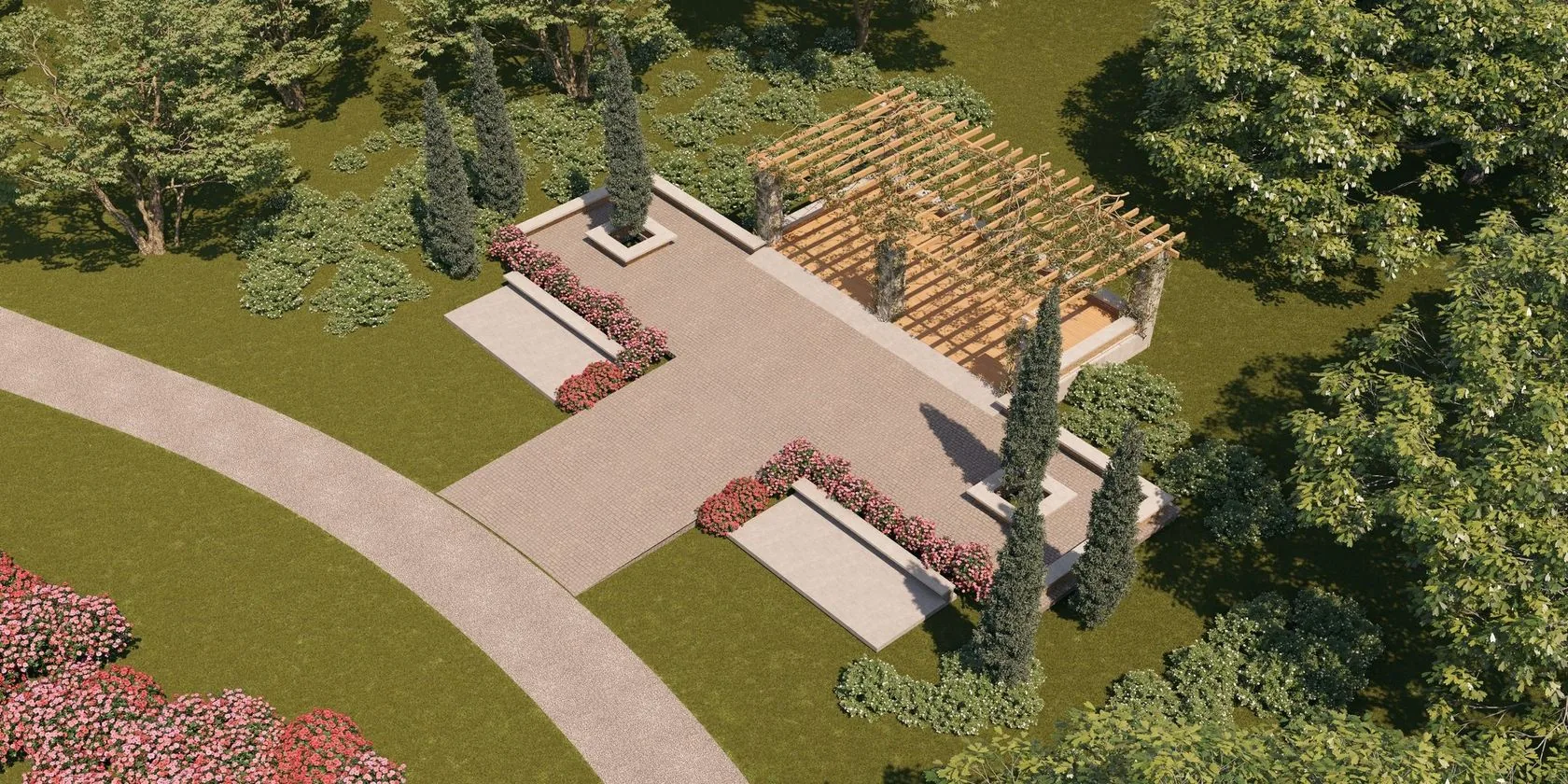 Espaço zen com pérgola de madeira e bancos, visto do alto